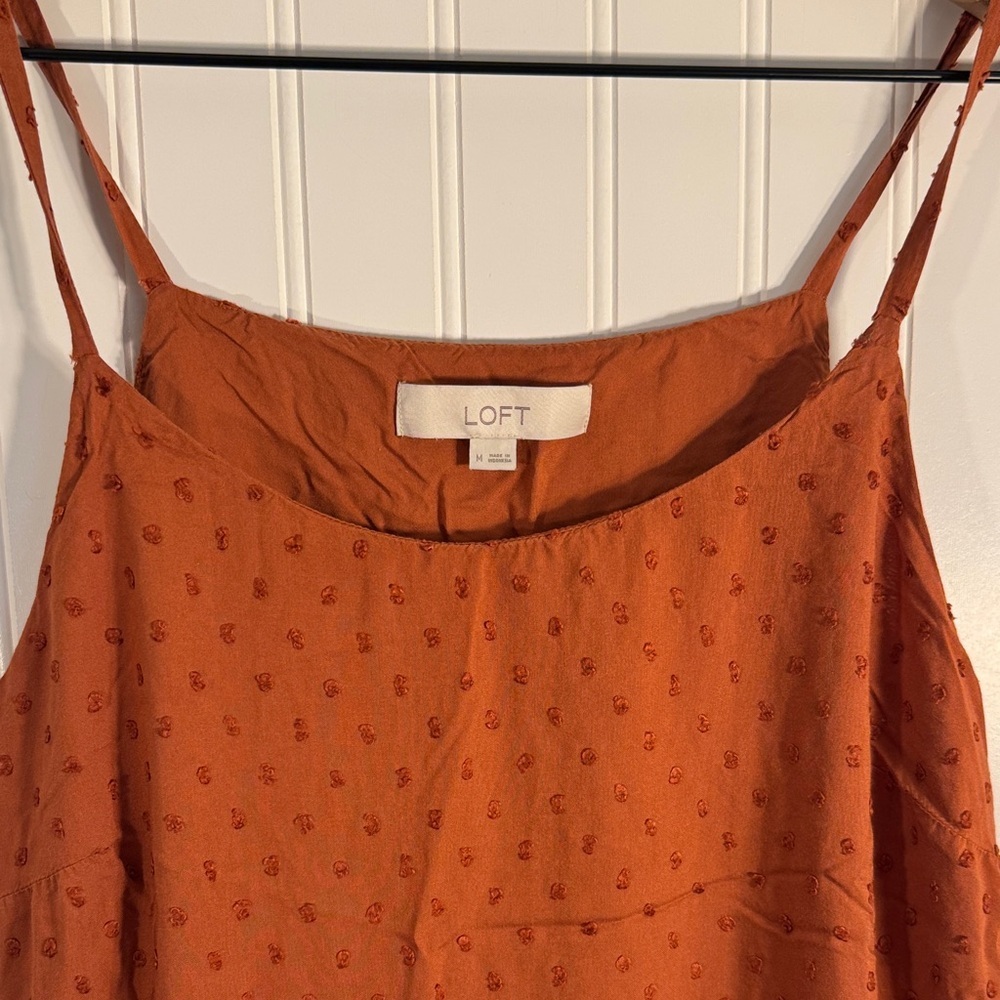 LOFT Swiss Dot Adjustable Spaghetti Strap Swing Dress Burnt Orange Size Medium - Picture 2 of 8